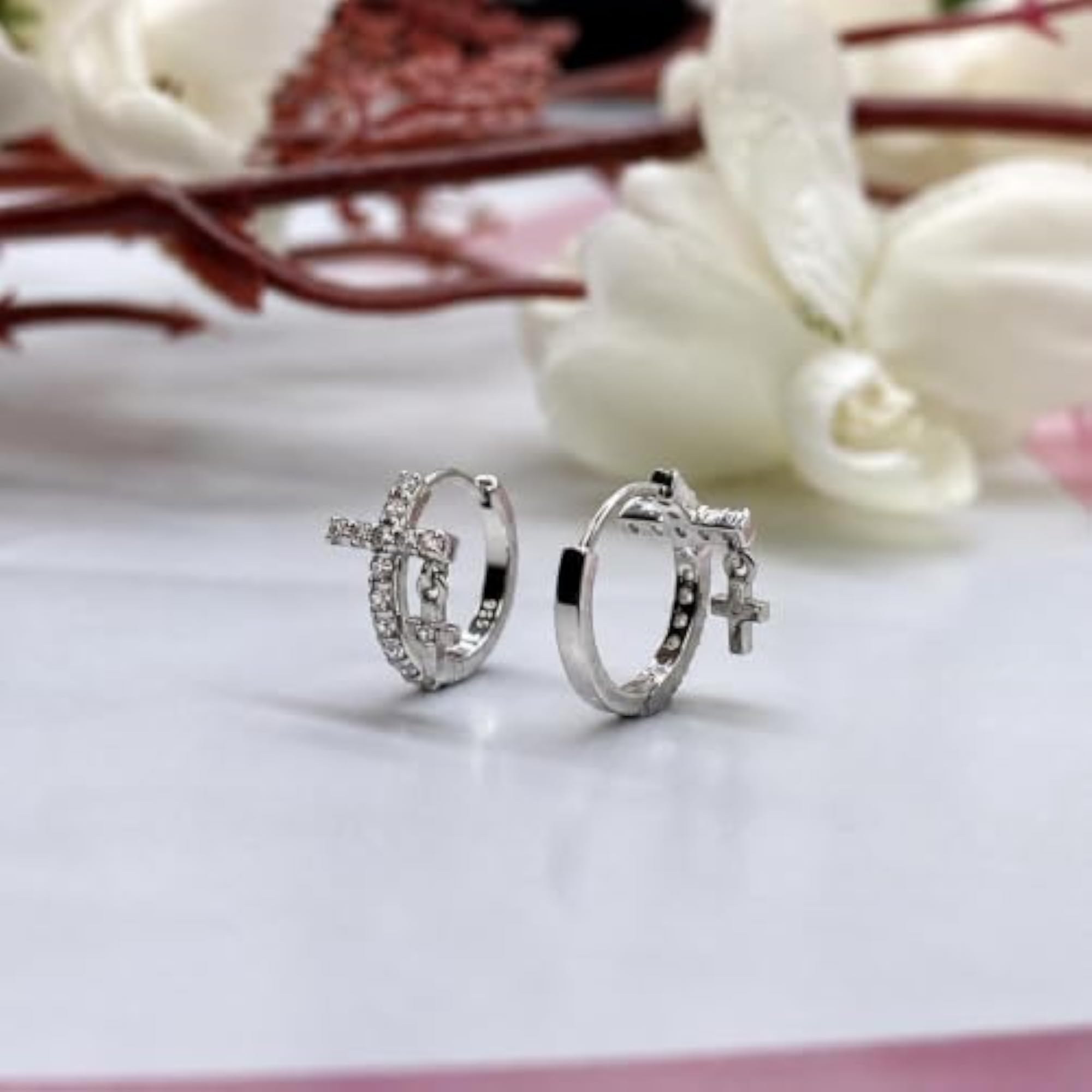 Women's 925 Sterling Silver Cross CZ Huggie Hoop Earrings